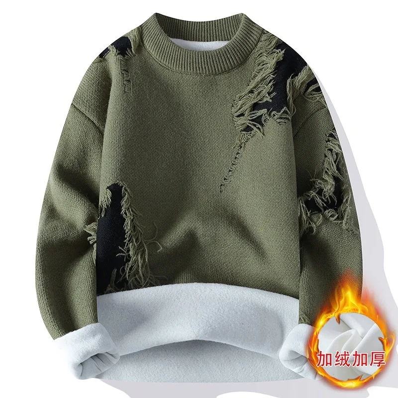 الرجال المتناقضة اللون نمط طويلة الأكمام الخيوط المتعثرة جولة الرقبة البلوز المألوف محبوك قاع قميص أعلى