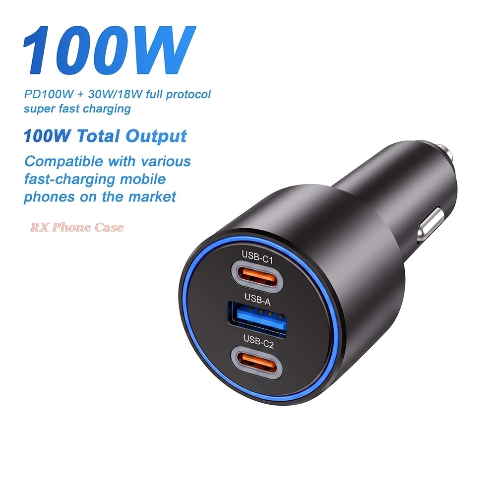 100W USB C Car Charger 3-Ports PD QC 4.0 30W For Samsung S26 iPhone 17 18 16 Macbook Fast Charging Adapter With LED Car Charger