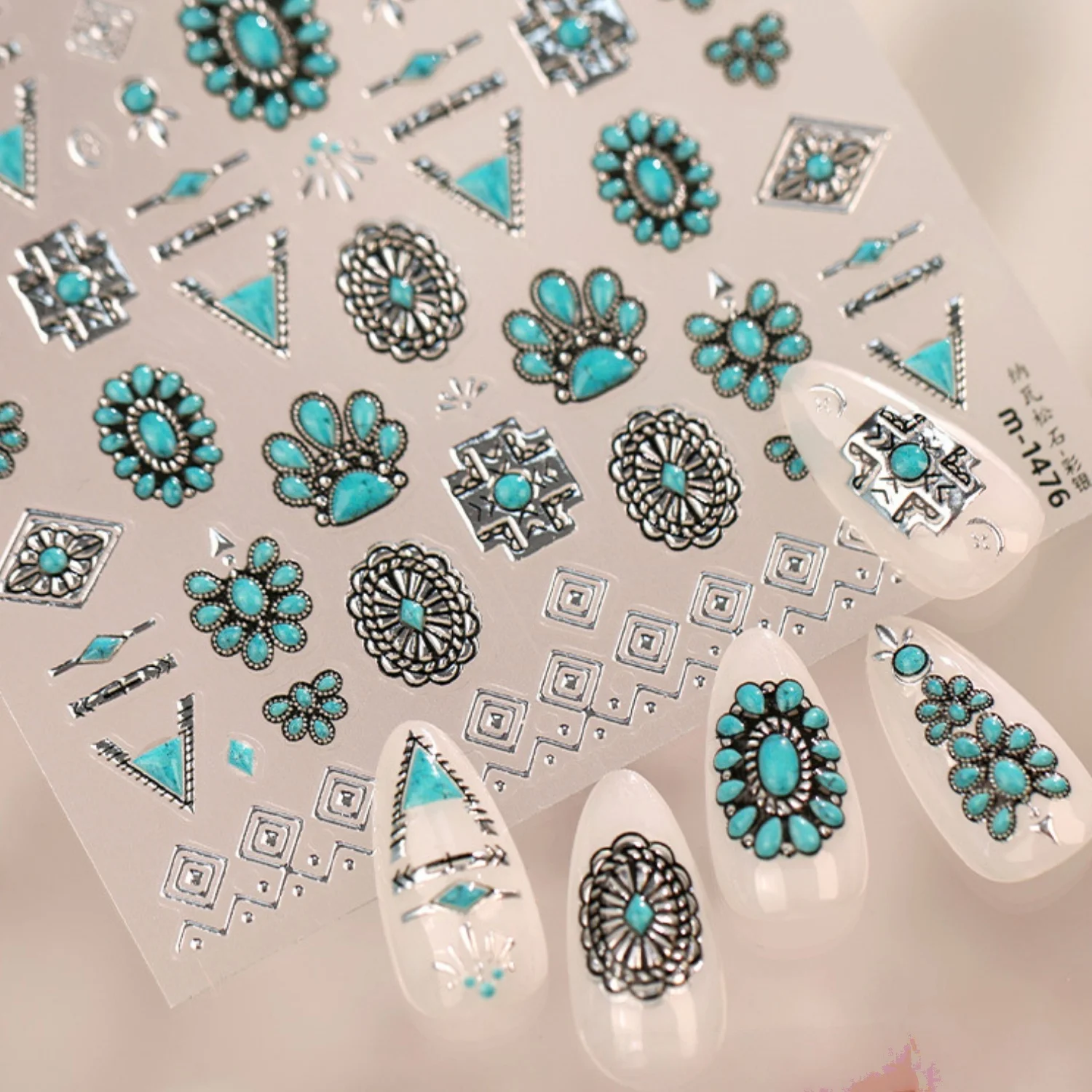 Vintage Western Ethno 5D Nagelaufkleber Türkis Metall Rhombus Dreieck Streifen Tribal Floral Selbstklebende Bohemian Maniküre