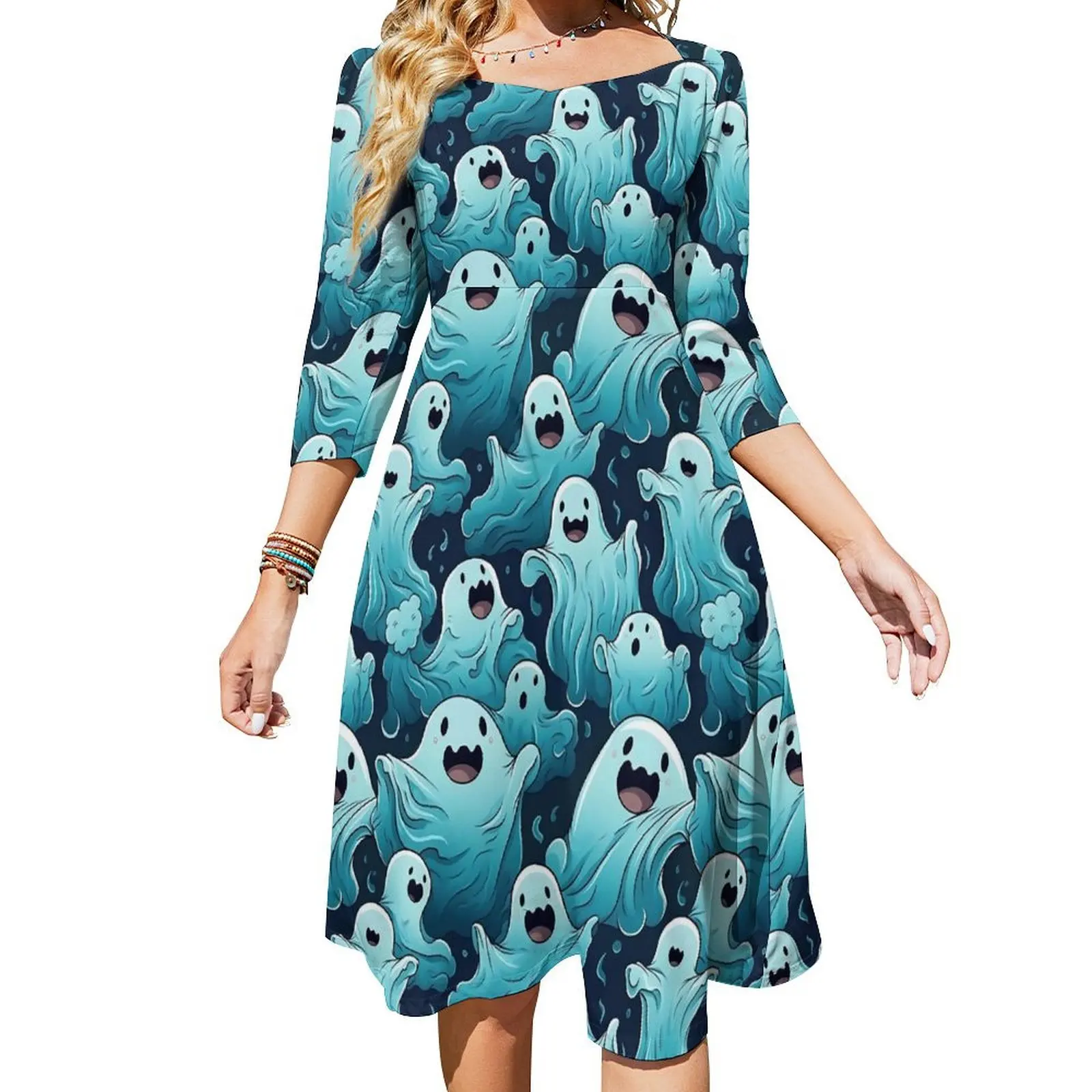 Friendly Ghost Dress Summer Cute Halloween Beach Dresses Womens Three Quarter Stylish Custom Oversize Casual Dress