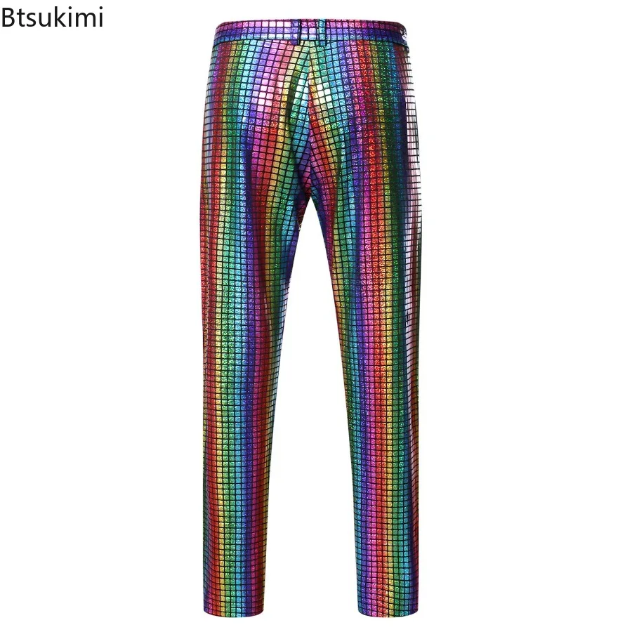 Nieuwe 2024 Mannen Podium Prom Kleding Goud Zilver Regenboog Geruit Pailletten Broek Mannen Dans Festival Kerst Halloween Feest Kostuum