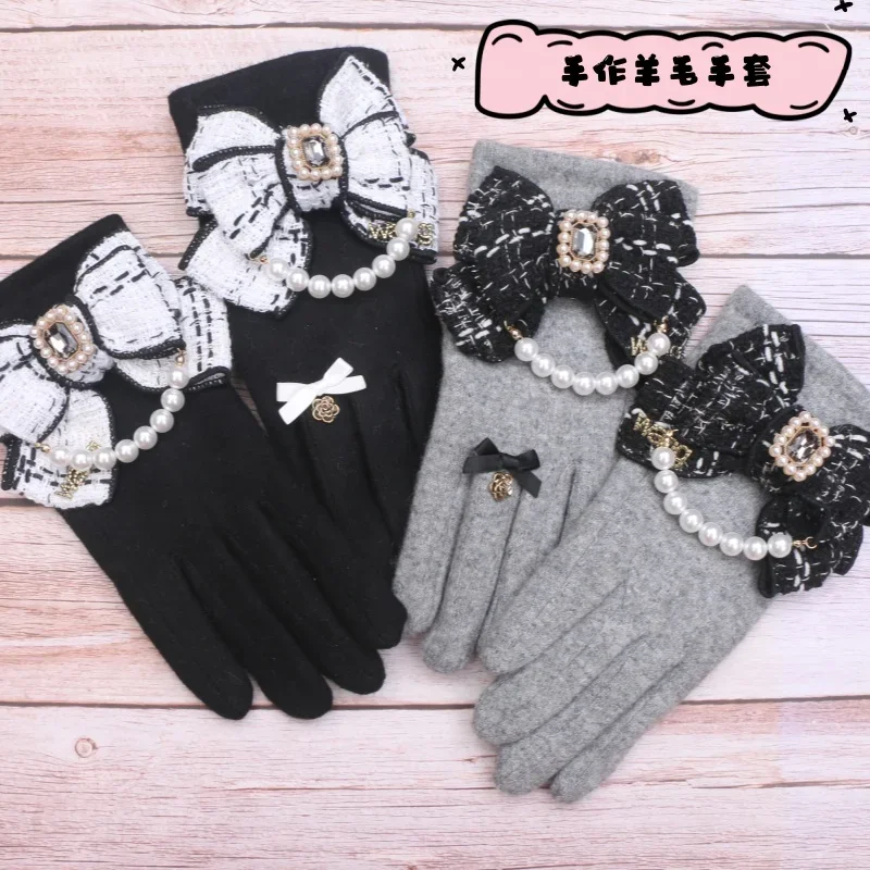 

Sweet Winter Girls Warm Glove for Women Lolita Bow Gloves Handmade Knitted Fashion Mittens for Girls Gifts