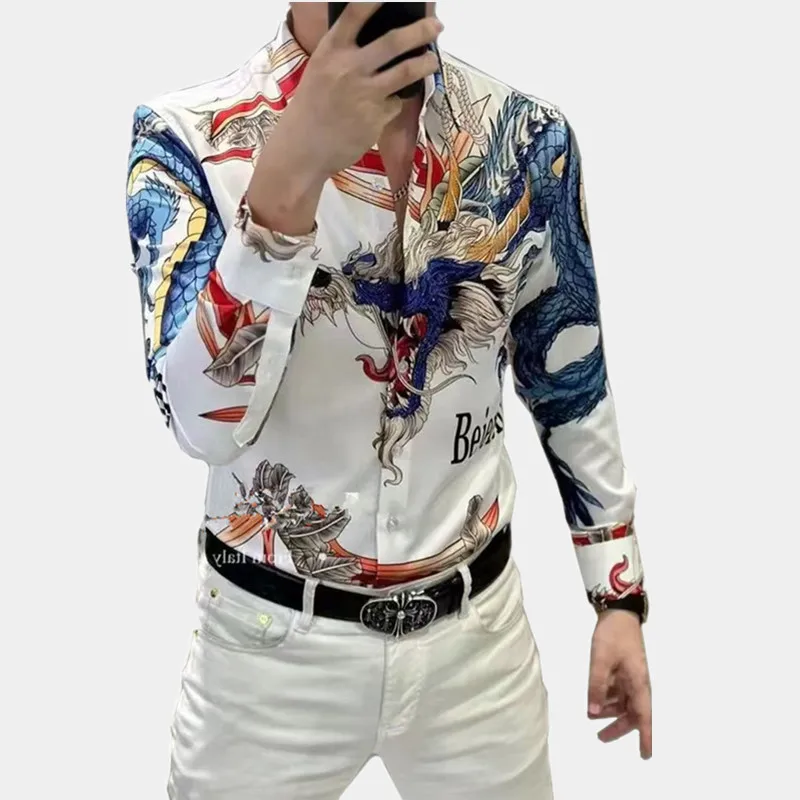 Fashion New Oversized Hip Hop Mens With Diamonds Shirt Vintage Dragon Print Shiny Casual High Quality Long Sleeve Designer Shirt