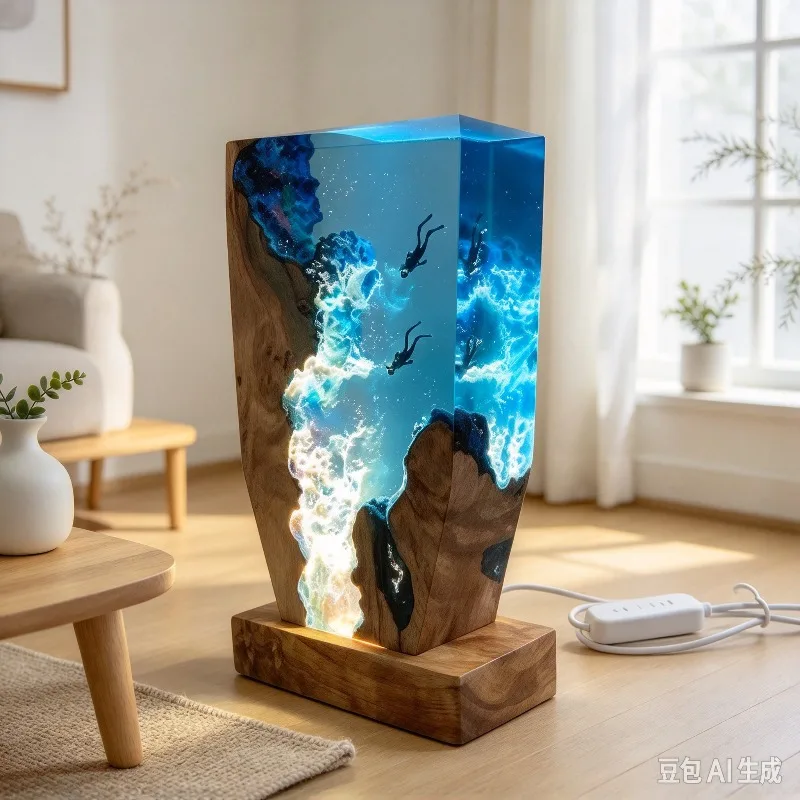 Resin Ocean Diver Lamp, Epoxy Night Light, Christmas Gift, Handmade Sculpture Ornament Decor Unique Tabletop for Homes Bedrooms.
