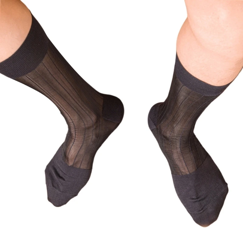 Mens Thin Dress Socks Silk Sheer Formal Business Socks Nylon Middle Calf Suit Socks See Through Ribs Striped Socks