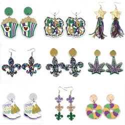 Mardi Gras Stainless Steel Eearrings Acrylic Glitter Laser Cut UV Printed Wholesale Jewelry Woman