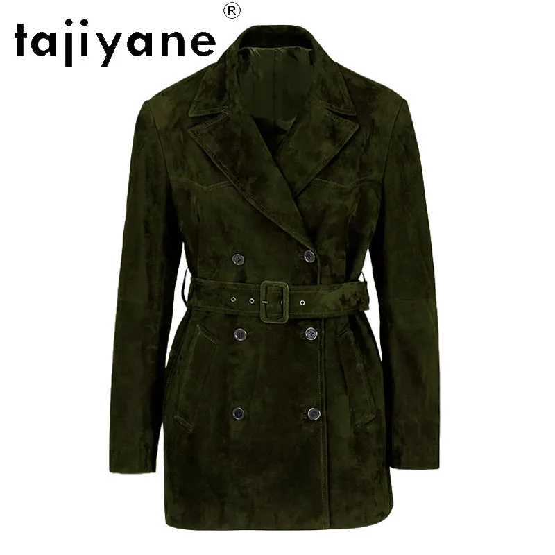 TAJIYANE Genuine Leather Jacket Women Goat Suede Vintage Jackets Outwear Mid-length Trench Coat Double Breasted Belted Jaqueta