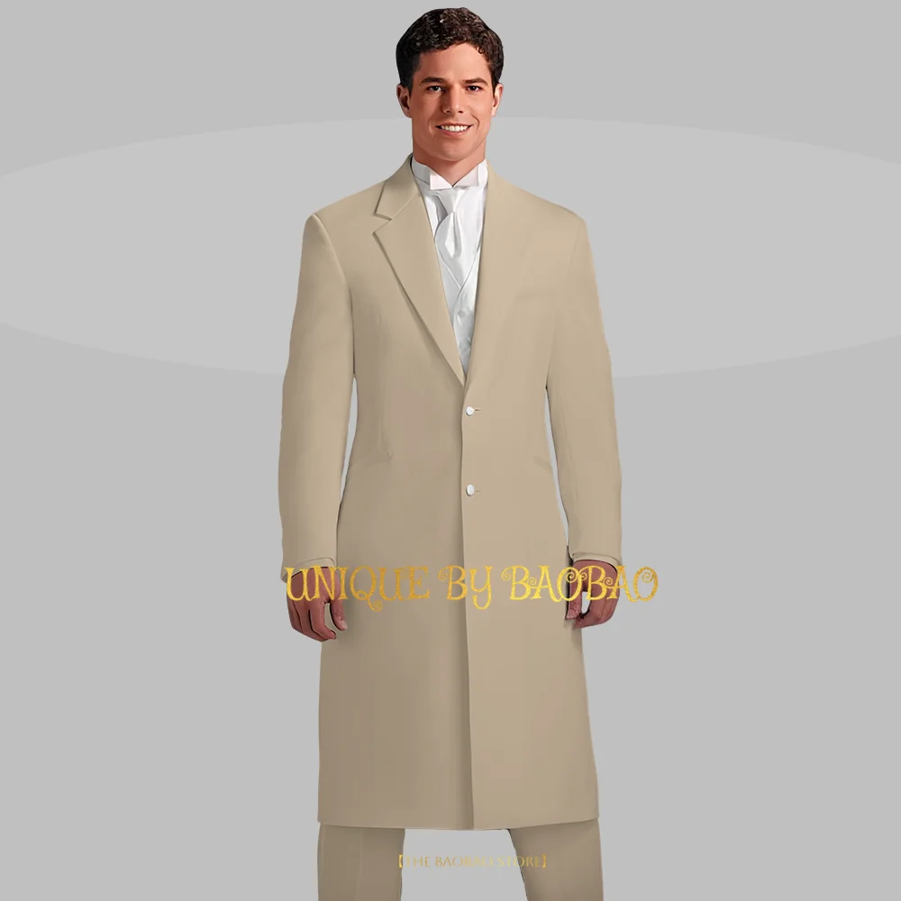 Men's Long Duster 2-piece Tuxedo (Jacket + Pants) Nice Vintage White 2 Button Coat for Winter Wedding Groom Prom Party Xmas