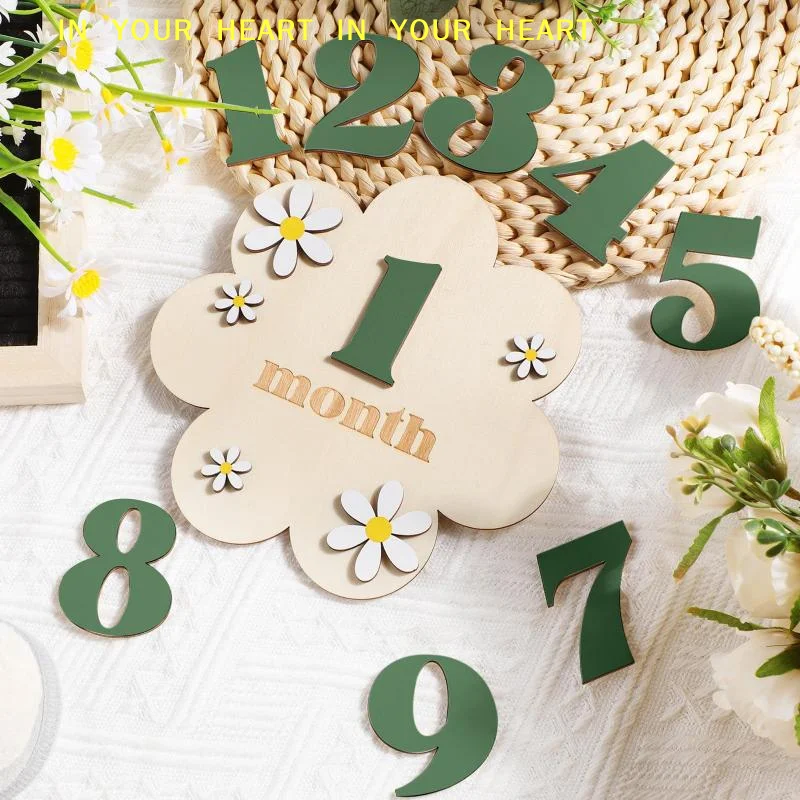 【X】Wooden Baby Monthly Milestone Cards Flowers Double Sides Number Month Girls Boys Newborn Photography Props Accessories
