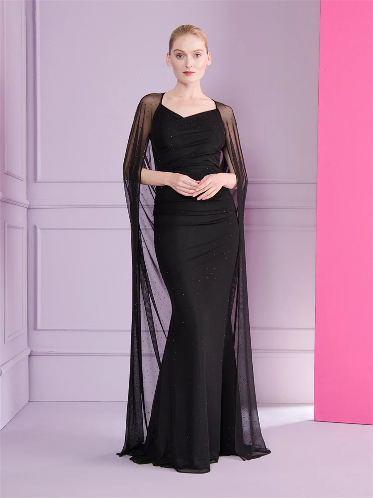 

Customized Crew Neckline Long Cape Sleeves Satin Mermaid Evening Dress Sexy Back Zipper Floor Length Sweep Train Gown For Women