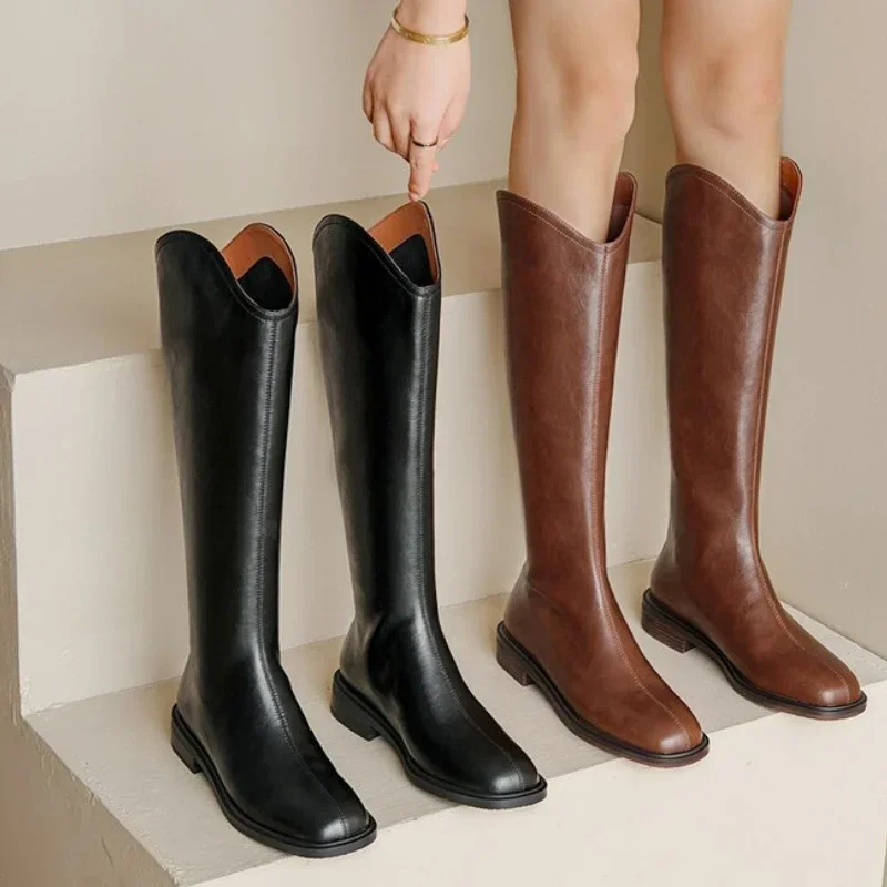 Women Knee-high Boots Genuine Leather Natural Leather Ladies Bootie Autumn and Winter Velvet Western Boots Goth Shoes Long Botas