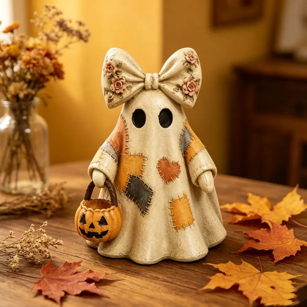 Farmhouse Ghost Decor Halloween Ghost Decoration Halloween Patchwork Ghost Figurine Light-up Bow Decoration Pumpkin Lantern
