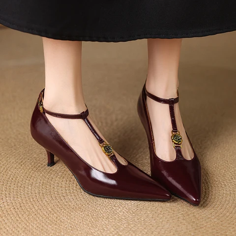 2025 Spring Women Pumps Women Shoes Pointed Toe Thin Heel High Heels Mary Janes Ladies Shoes Genuine Leather Red Wedding Shoes