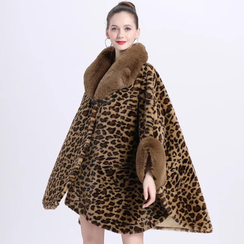 5 mulheres casaco cardigan manto inverno grosso pele do falso triângulo pescoço casaco batwing manga leopardo impresso longo quente poncho capa