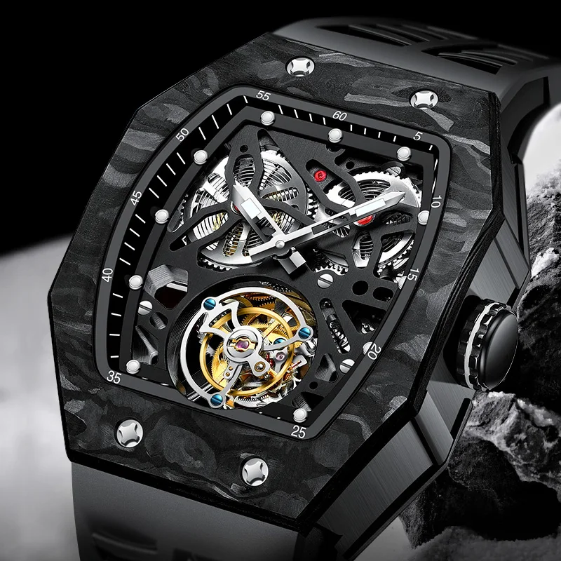 Aesop Skeleton Flying Tourbillon Mechanical Movement Mens Watch Luxury Carbon Fiber Manual Watch for Men Tonneau Luminous 7036