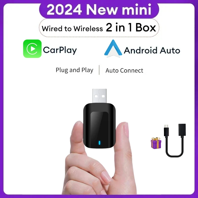 New Mini Wireless Carplay Adapter Android Auto 2in1 Plug & Play For Kia Sportage K5 Carnival Picanto Soul Seltos Telluride Niro