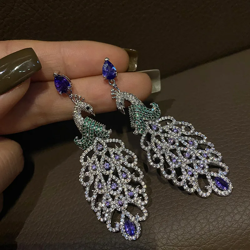 New Luxury Full Zircon Peacock Drop Earrings for Women Fashion Bohomia Big Long Charm Wedding Party Banquet High Quality Jewelry