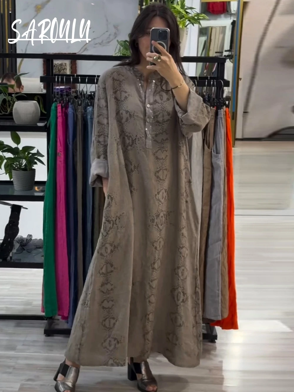 

Abaya High Neck Modest A Line Evening Dress Patterned Graceful Long Sleeves Prom Gown For Spring Autumn Loose Party Women Wear