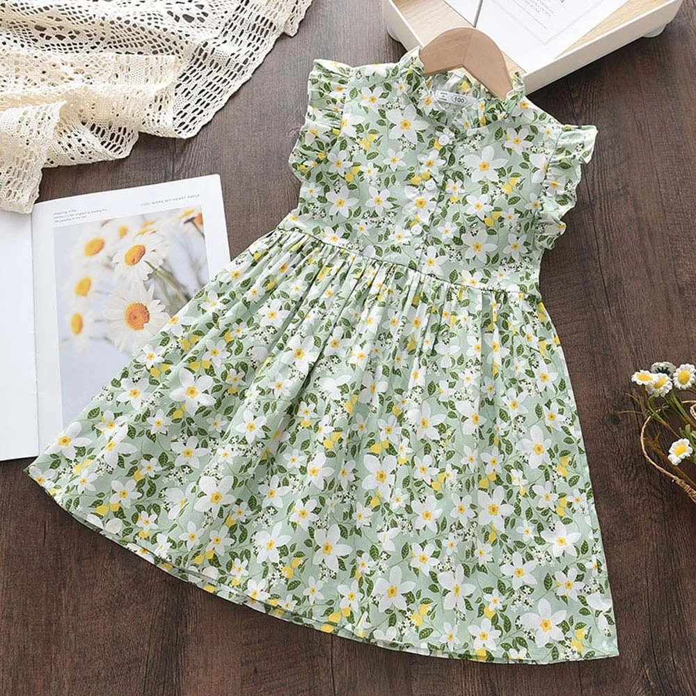 Menoea 2023 Summer Baby Girls Flower Dresses Fahion Style Flying Sleeves Floral Dress 2-6 Years Kids Casual Clothing Outfits