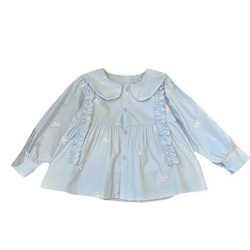 Girls' Long Sleeve Cotton Doll Shirt with Ruffled Edges, Baby Girl Shirt, Spring New Sweet French Style