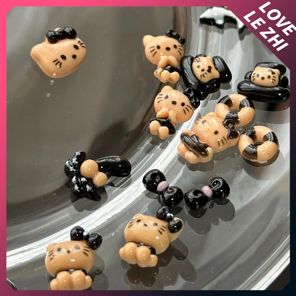 20Pcs Hawaii Brown Black Hello Kitty Nail Decoration 3D Coconut Leaf Cute Cartoon Nail Charms Resin Decoration Accessories