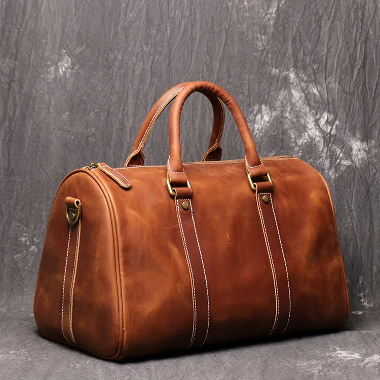 

New Handcrafted Genuine Leather Men's Handbag Short Trip Travel Bag Single Shoulder Slant Cross Bag Luggage Bucket Shape Medi...