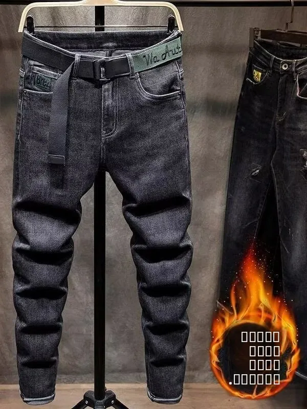 

Мужские джинсы Bla Slim Fit с флисовой подкладкой, эластичные, для повседневной носки, зимние, износостойкие, с цифровым принтом, молодежные, модные