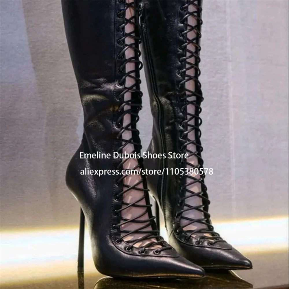 

Hollow High Heel Knee High Boots Lace up Pointed Toe Stilettos Heels Cutout Design Concise Women Shoes Party Fashion Sexy Style