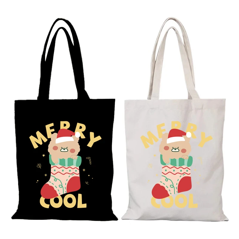 Cartoon Cloth Bags New Year Gift Women's Bag Merry Christmas Canvas Tote Bag Woman Handbags Sac De Courses Eco Shopper Shopping
