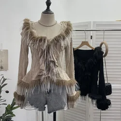 Women's Wasteland Style Irregular Fungus Tassel Knitted Top Distressed Ripped Patchwork Furry Top Hot Girl Cardigan Partywear