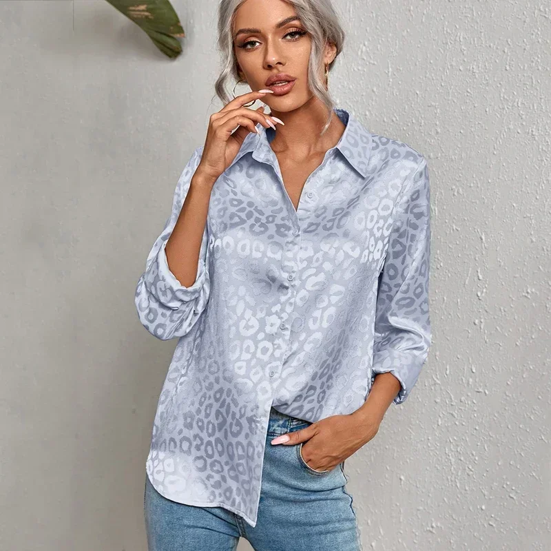 New Elegant Office Lady Long Sleeve Leopard Jacquard Blouse Turn Down Collar Button Shirt 2024 Spring Autumn Fashion Tops 19169