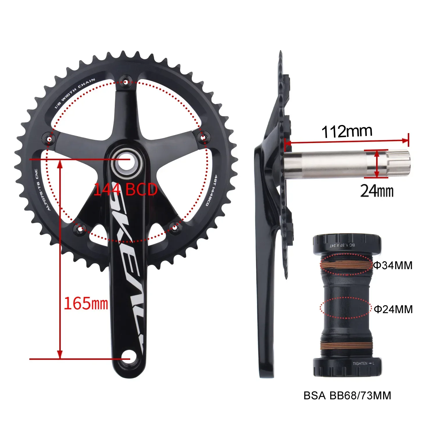 SKEACE Single Speed round hole Racing Track Bike Cranking 48T/49T 144BCD 165mm Fixed Gear Crankset  chainwheel including BB