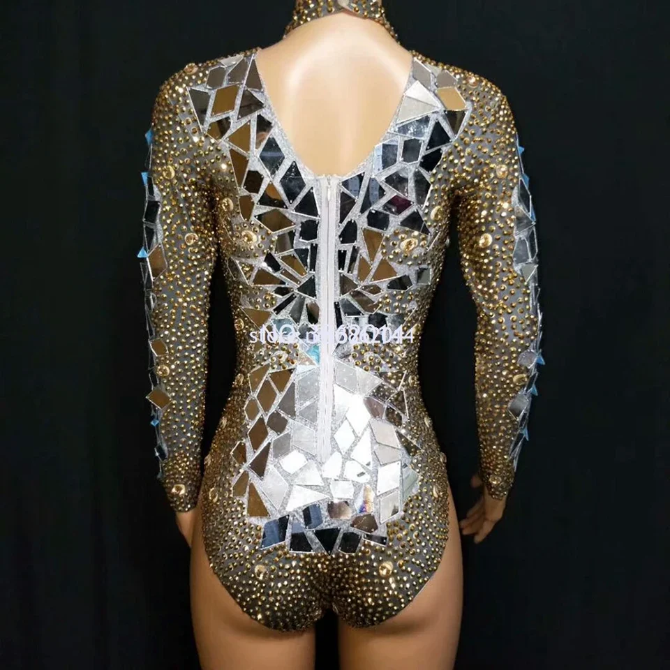 Sparkly Gold Rhinestones Mirrors Shining Bodysuit Women Birthday Celebrity Prom Party Outfit Singer Stage Rompers Dance Costume