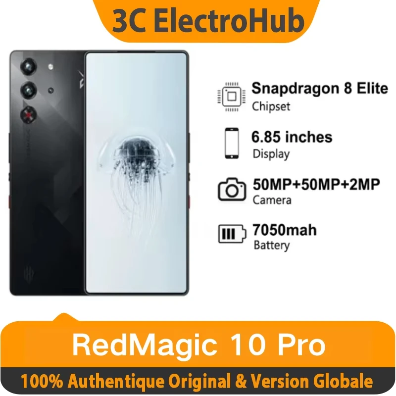 RedMagic 10 Pro,Version globale,6,85 pouces,Snapdragon 8 Elite,7050 mAh,Charge 100W,50MP,NFC,12 Go de RAM,ROM de 256 Go,Téléphon