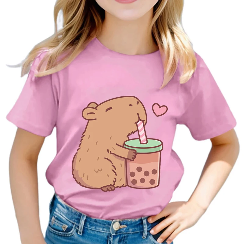 Capybara T-Shirt 2025, Kinderkleidung, Kinder, Sommer, lässig, kurzärmelig, T-Shirts für Jungen und Mädchen, niedliches Tiermuster, modisches T-Shirt, Geschenk