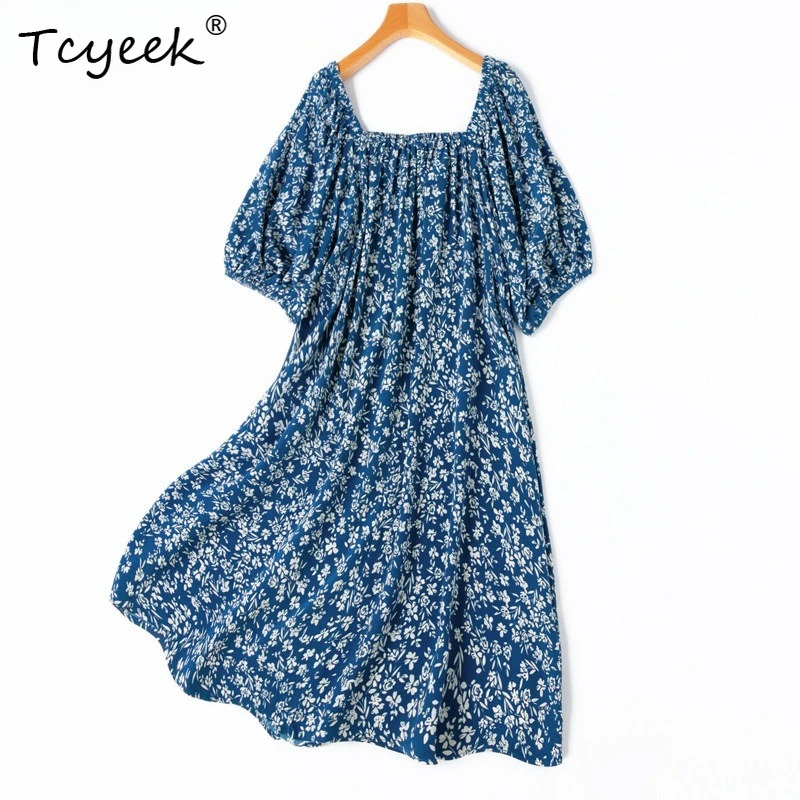 

Tcyeek 100% Mulberry Silk Dress for Women 2026 Fashion Half Sleeve Printed Dresses Loose Waist Summer Clothes Платье Женское