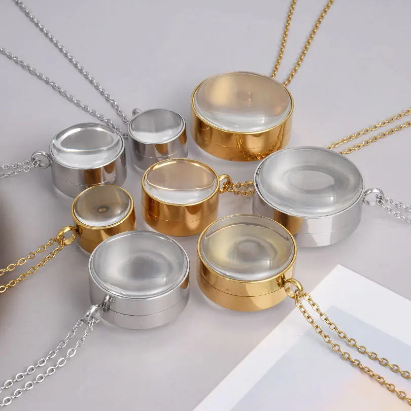 

2pcs/lot Double Convex Glass Souvenir Locket Stainless Steel Necklace 60cm/23.6inch Length O Chain Jewelry Charms Women Men Gift