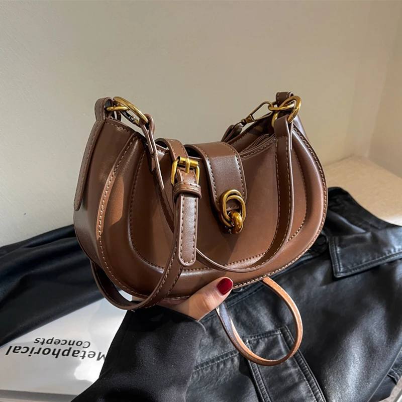 Saddle Single Shoulder Bags For Women 2024 Designer Trend Leather Small Underarm Crossbody Handbag And Purse Retro Female Bag