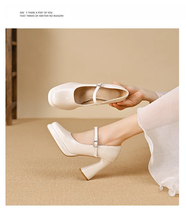 2025 Nuevo estilo Tacón de bloque de plataforma de inspiración francesa Tacones altos Mary Jane Zapatos de vestir de mujer con correa de hebilla versátiles y de moda