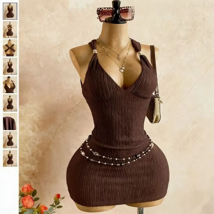 

【New style】2026 European and American - sexy dress temperament socialite dress pleated waist bag hip skirt suspender dress new
