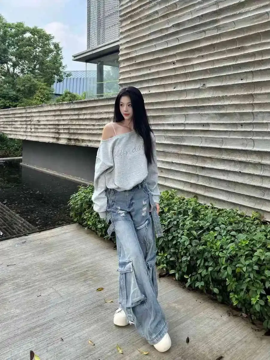 Jean Cargo déchiré Vintage bleu effiloché, multi-poches, pour femmes, Cyber Chic américain Hip Hop Y2k, taille haute, pantalon en Denim droit ample