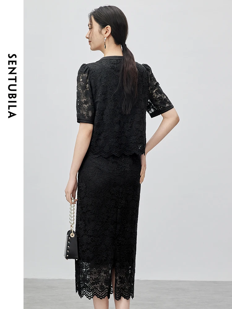 SENTUBILA Summer Lace Skirt Sets Round Neck Short Sleeve Top Straight Split Skirt 2024 Chinese Style Matching Set 142Z54664