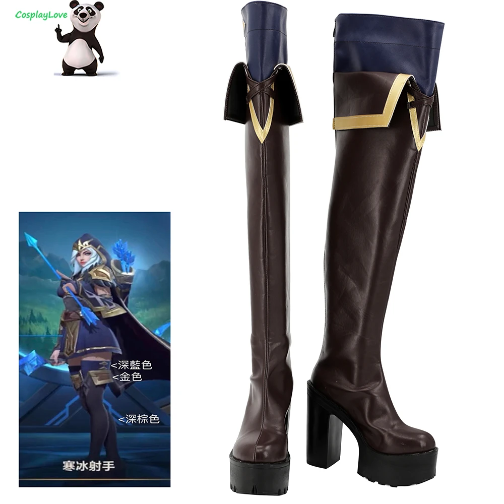CosplayLove LOL Gioco Ashe Marrone Coslay Scarpe Stivali lunghi in pelle realizzati su misura per Halloween Natale