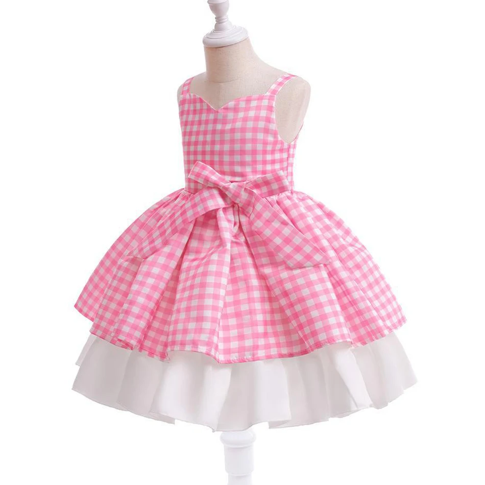 Girls Pink Plaid Cami Dress Sweetheart Neck Big Bow Decor Double Layer Hem Swing Dress Birthday Holiday Photoshoot Outfit
