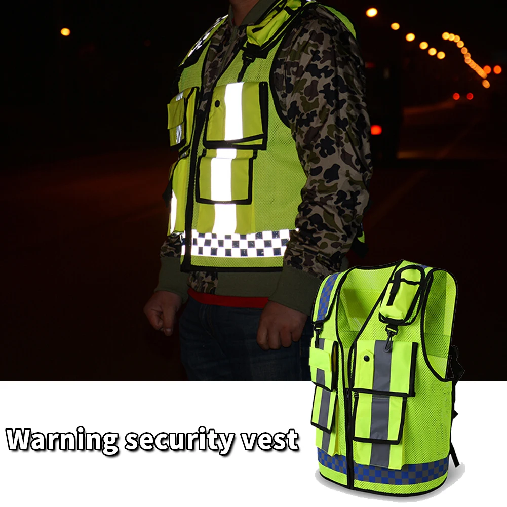 วิ่งทํางานอุปกรณ์ปรับได้กีฬาหลายกระเป๋าการจราจรป้องกันการมองเห็นสูงพร้อมแถบสะท้อนแสงเสื้อกั๊กเซฟตี้