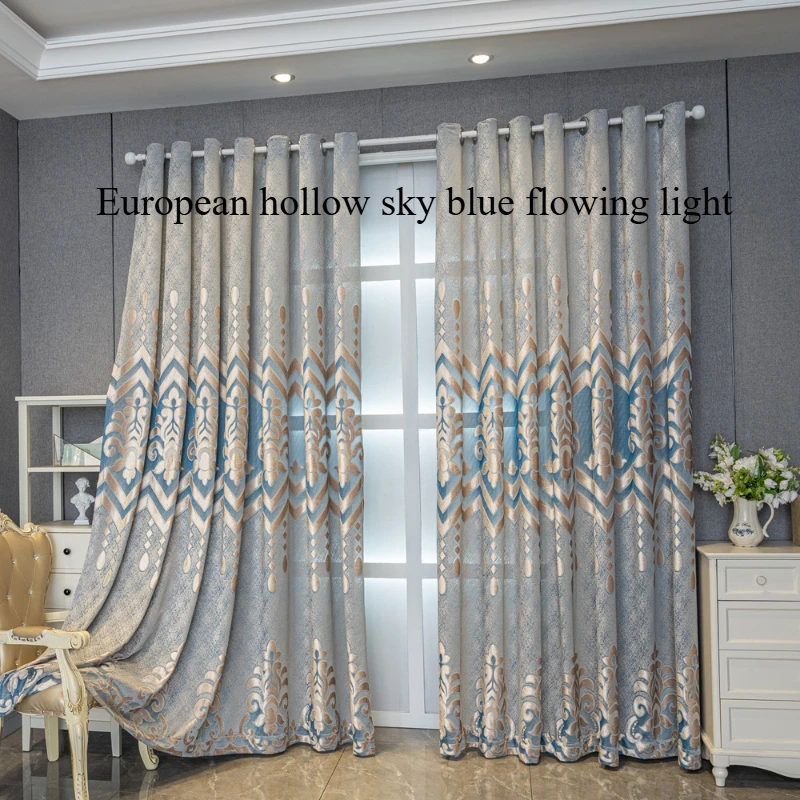 European Hollow Sky Blue Curtains for Living Room Flowing Smooth Silk Jacquard Pleated Curtains Delicate Cross-border Curtains