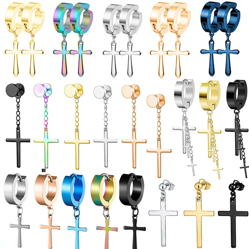 WKOUD 2PCS Stainless Steel No Piercing Cross For Men Kpop Clip On Cross Earring Gothic Punk Fake Ear Cuff Cross Earring Dangle