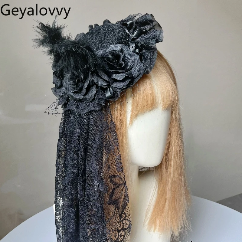일본식 오리지널 로리타 수제 고딕 진주 드리 워진 레이스 모자 달콤한 소녀 검은 꽃 깃털 사진 액세서리
