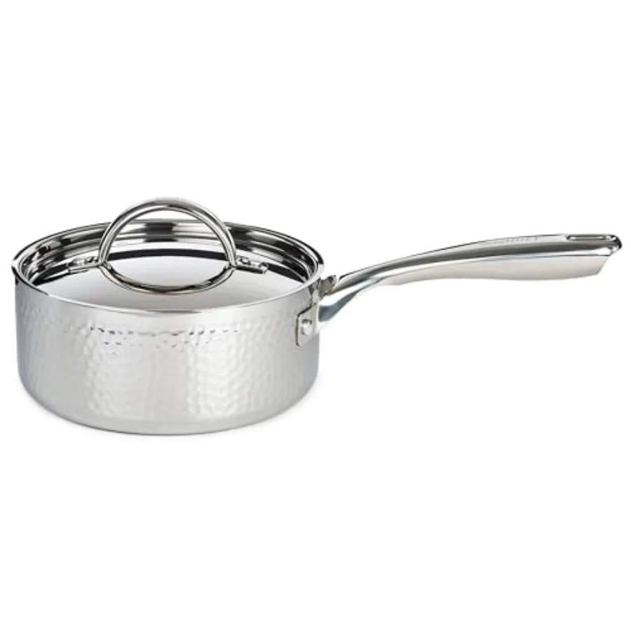 

Vintage TriPly 18 10 Stainless Steel Saucepan 7in 2qt. With Matching Lid Hammered Long and Ergonomic Shaped Handle Induction Co