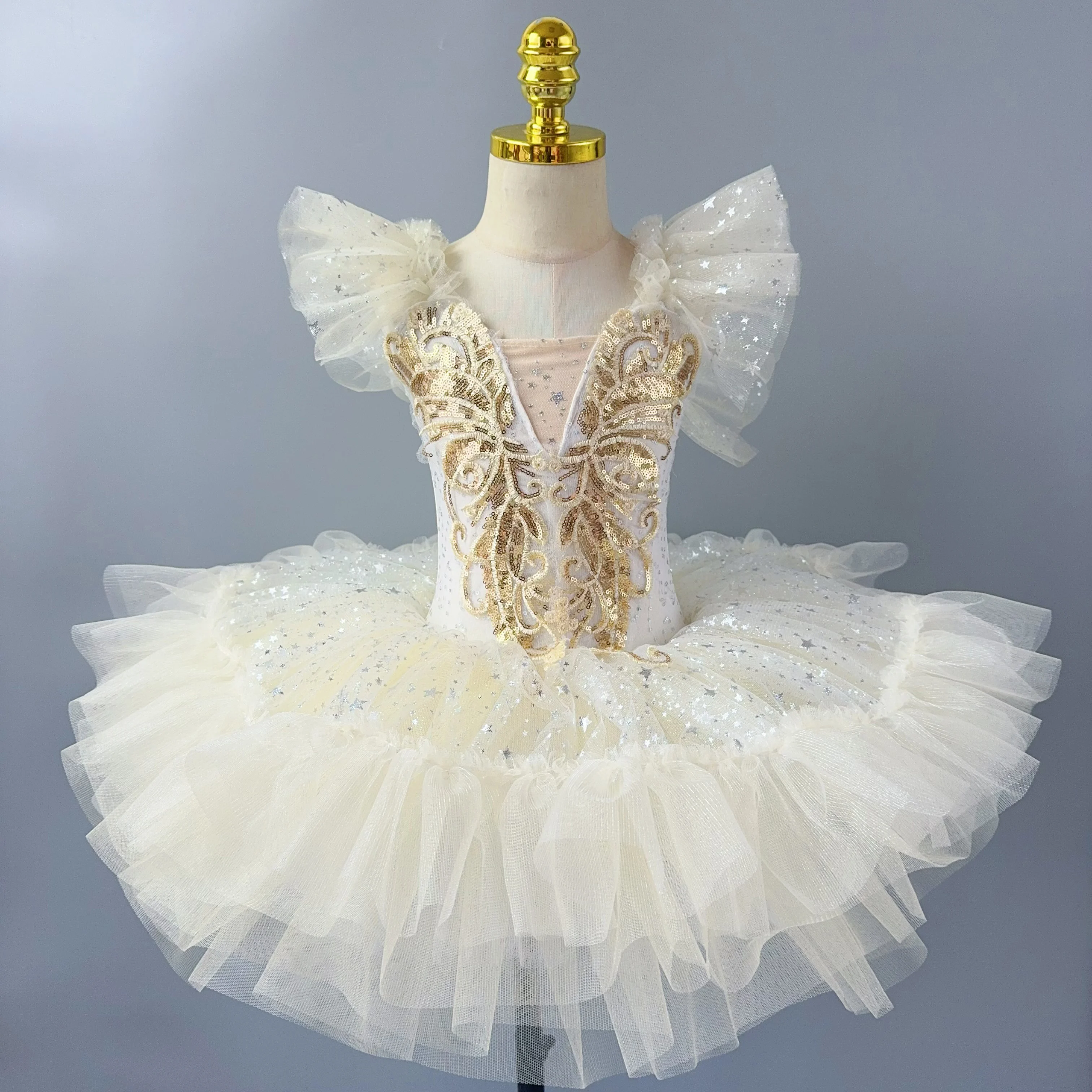 Abito lungo da balletto per bambini, per ragazze, pizzo beige, cigno, paillettes, abito da principessa, per adulti, donna, danza moderna, costume da spettacolo teatrale